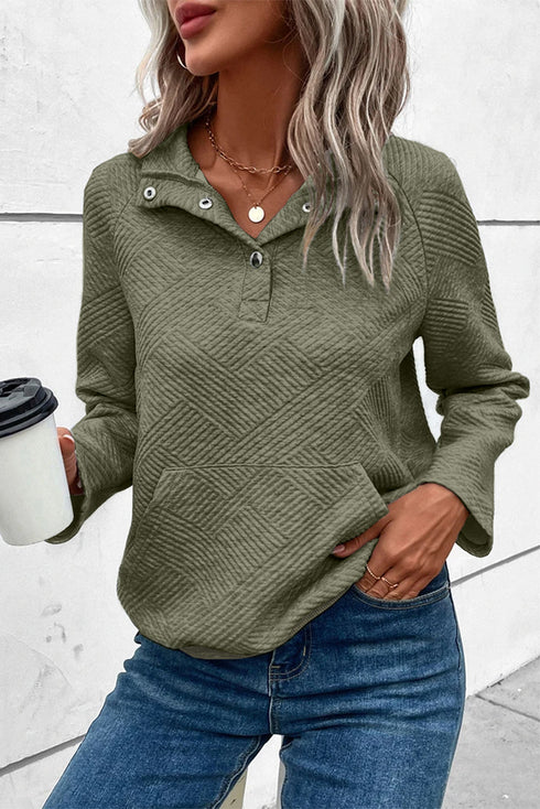 Textured Geometric Knit Button Neck Long Sleeve Pullover