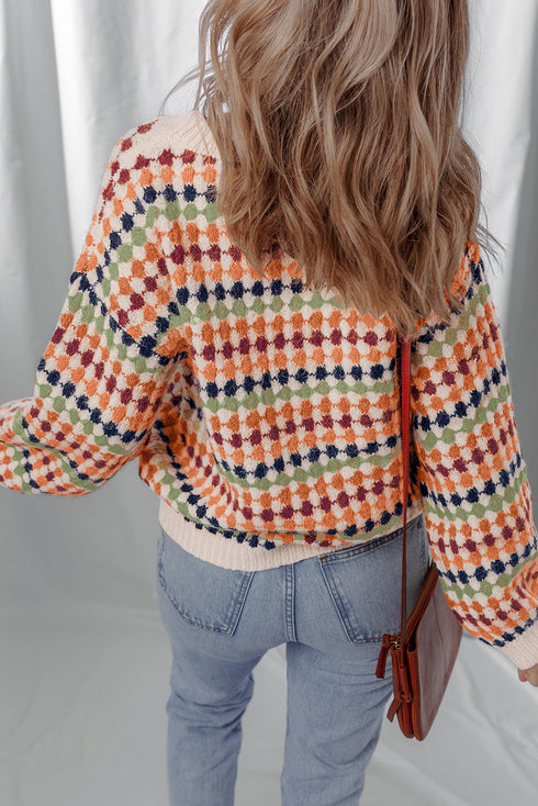Textured Geometric Knit Crew Neck Pullover Sweater