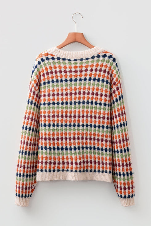 Textured Geometric Knit Crew Neck Pullover Sweater