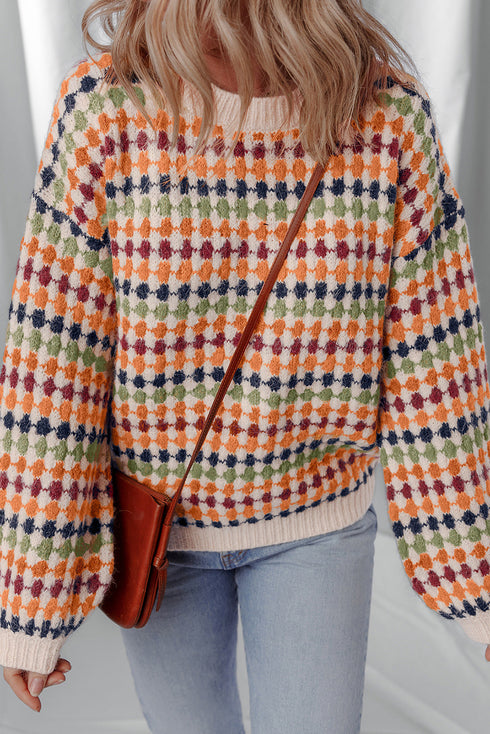 Textured Geometric Knit Crew Neck Pullover Sweater