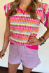 Textured Geometric Knit Flutter Sleeve V Neck Top