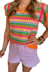 Textured Geometric Knit Flutter Sleeve V Neck Top