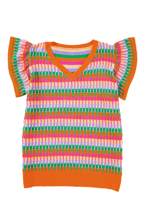 Textured Geometric Knit Flutter Sleeve V Neck Top