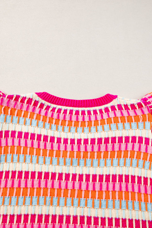 Textured Geometric Knit Flutter Sleeve V Neck Top