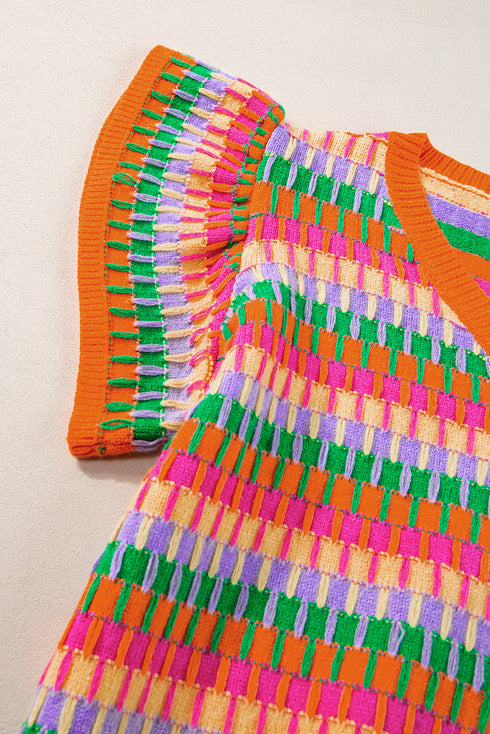 Textured Geometric Knit Flutter Sleeve V Neck Top
