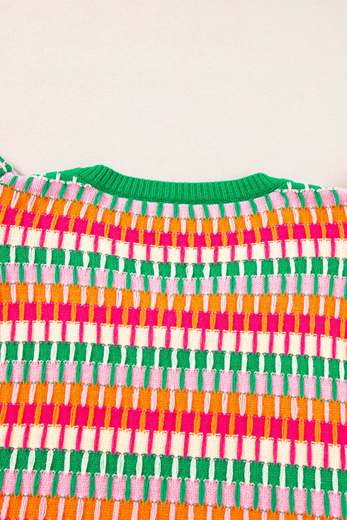 Textured Geometric Knit Flutter Sleeve V Neck Top