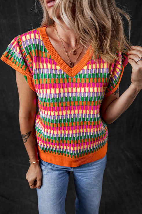 Textured Geometric Knit Flutter Sleeve V Neck Top