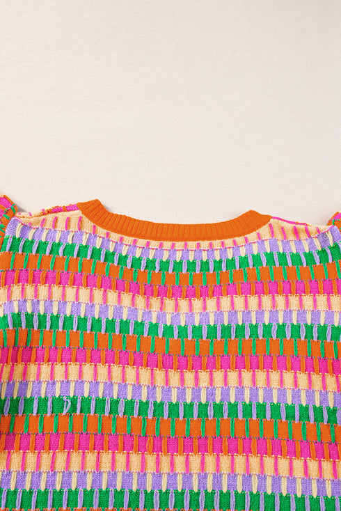 Textured Geometric Knit Flutter Sleeve V Neck Top