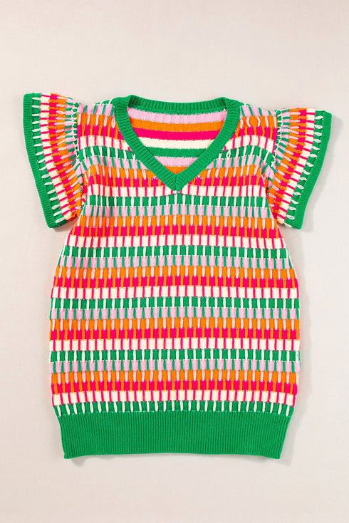 Textured Geometric Knit Flutter Sleeve V Neck Top