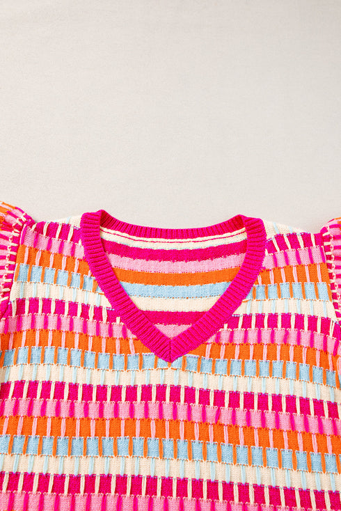 Textured Geometric Knit Flutter Sleeve V Neck Top