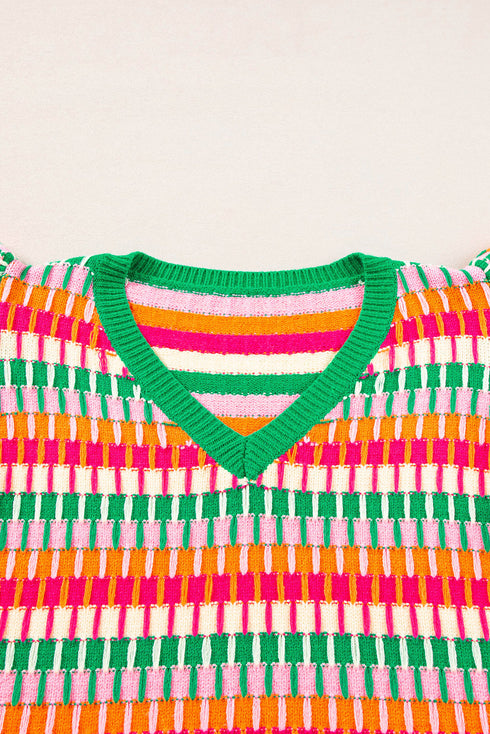 Textured Geometric Knit Flutter Sleeve V Neck Top