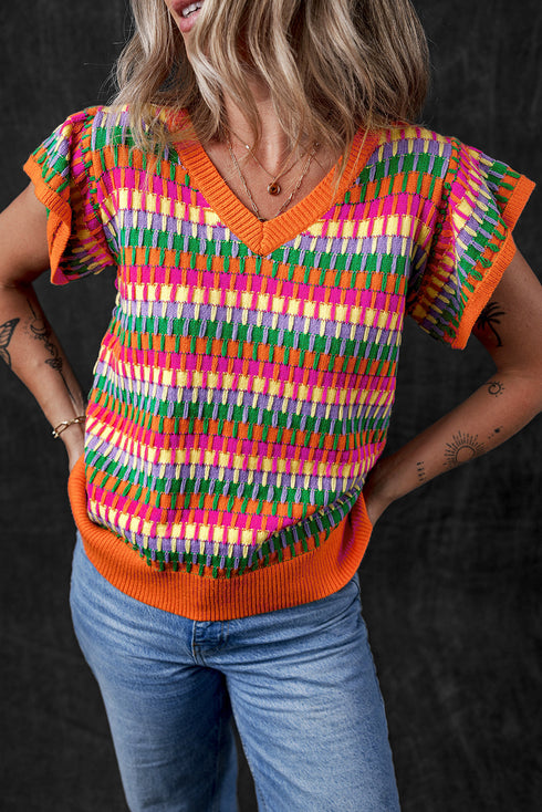 Textured Geometric Knit Flutter Sleeve V Neck Top