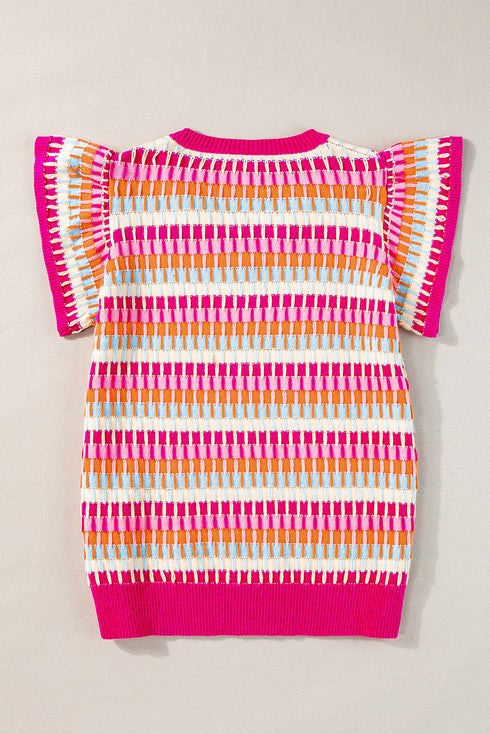Textured Geometric Knit Flutter Sleeve V Neck Top