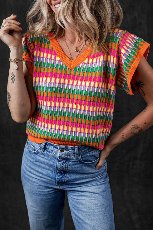 Textured Geometric Knit Flutter Sleeve V Neck Top