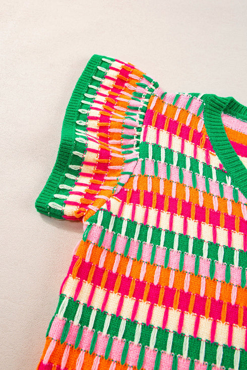 Textured Geometric Knit Flutter Sleeve V Neck Top