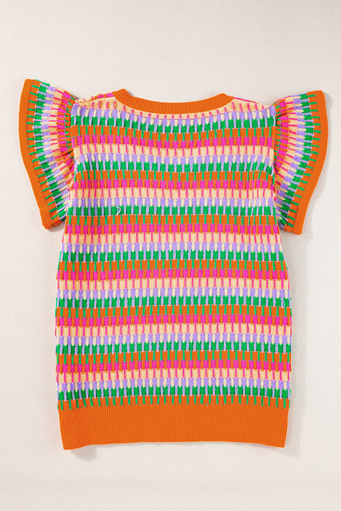 Textured Geometric Knit Flutter Sleeve V Neck Top