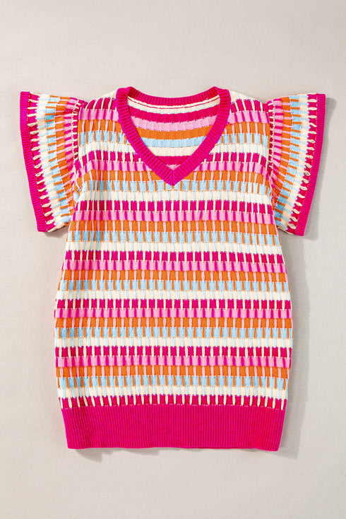 Textured Geometric Knit Flutter Sleeve V Neck Top