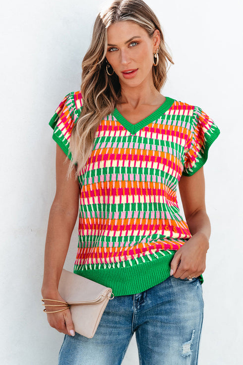 Textured Geometric Knit Flutter Sleeve V Neck Top