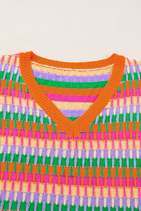 Textured Geometric Knit Flutter Sleeve V Neck Top