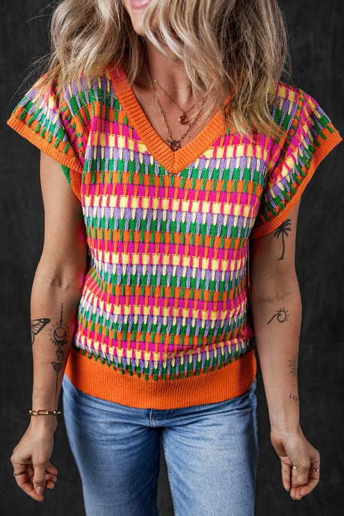 Textured Geometric Knit Flutter Sleeve V Neck Top
