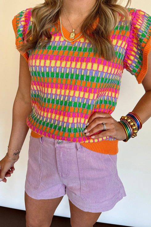 Textured Geometric Knit Flutter Sleeve V Neck Top