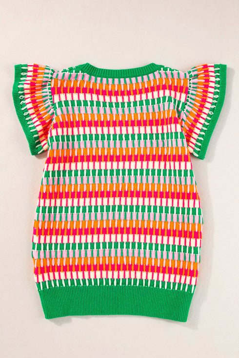 Textured Geometric Knit Flutter Sleeve V Neck Top