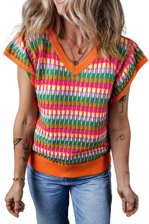 Textured Geometric Knit Flutter Sleeve V Neck Top