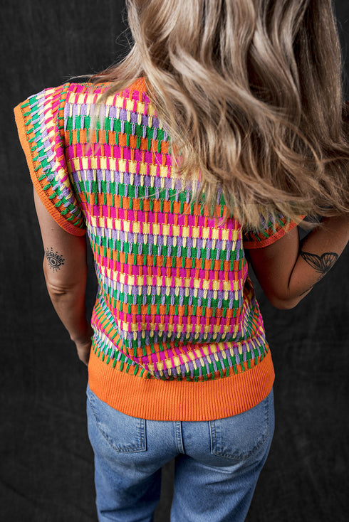 Textured Geometric Knit Flutter Sleeve V Neck Top