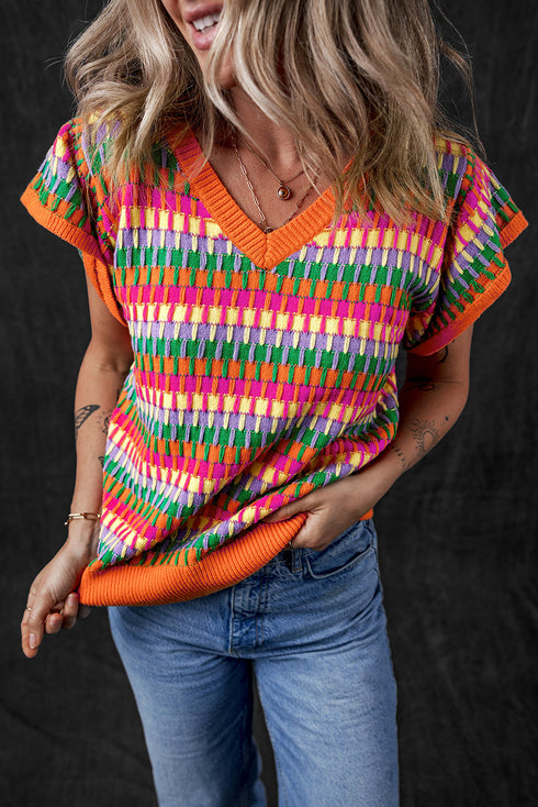 Textured Geometric Knit Flutter Sleeve V Neck Top