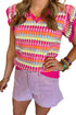 Textured Geometric Knit Flutter Sleeve V Neck Top