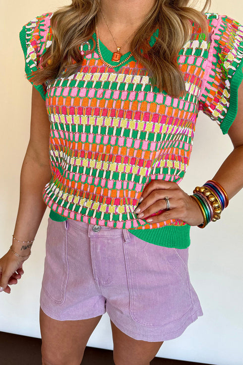 Textured Geometric Knit Flutter Sleeve V Neck Top