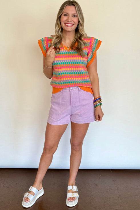 Textured Geometric Knit Flutter Sleeve V Neck Top