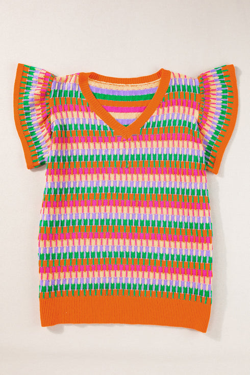 Textured Geometric Knit Flutter Sleeve V Neck Top