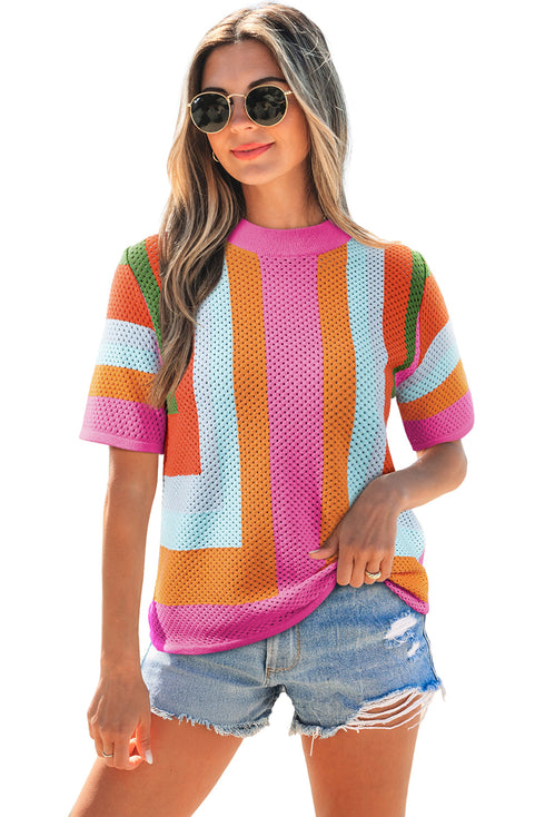 Textured Geometric Mock Neck Short Sleeve Knit Top