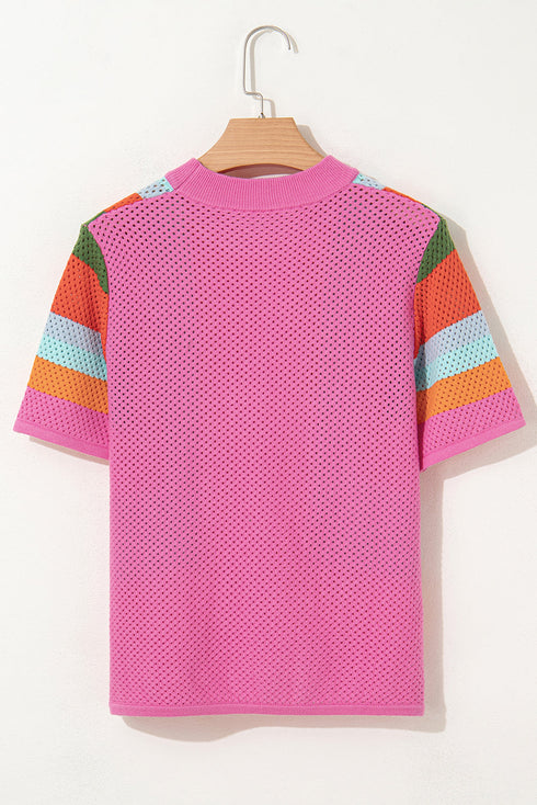 Textured Geometric Mock Neck Short Sleeve Knit Top