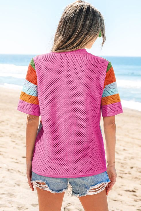 Textured Geometric Mock Neck Short Sleeve Knit Top