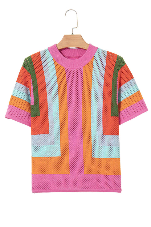 Textured Geometric Mock Neck Short Sleeve Knit Top