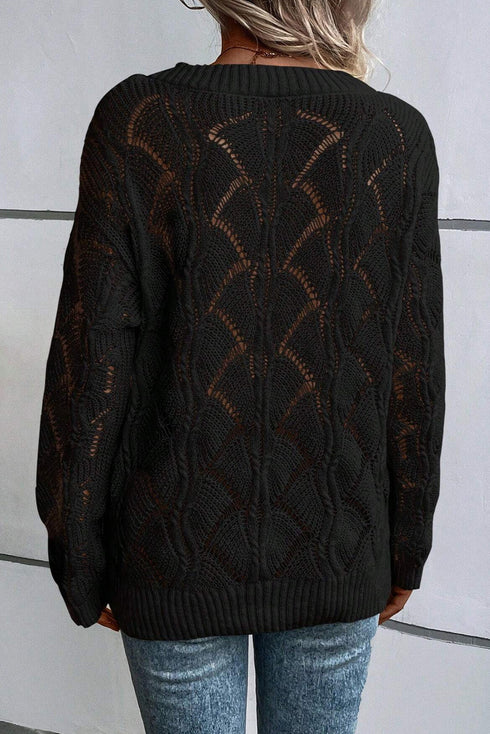 Textured Geometric Open Knit V Neck Sweater