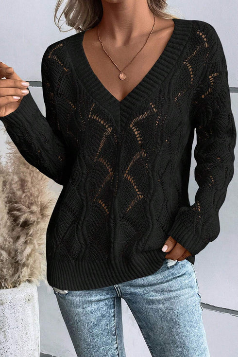 Textured Geometric Open Knit V Neck Sweater
