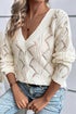 Textured Geometric Open Knit V Neck Sweater