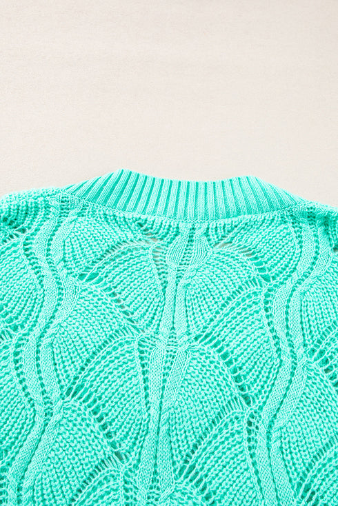 Textured Geometric Open Knit V Neck Sweater