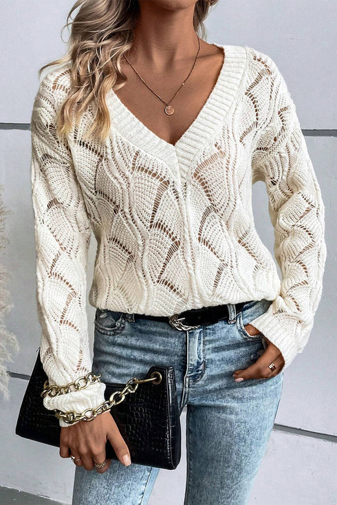 Textured Geometric Open Knit V Neck Sweater