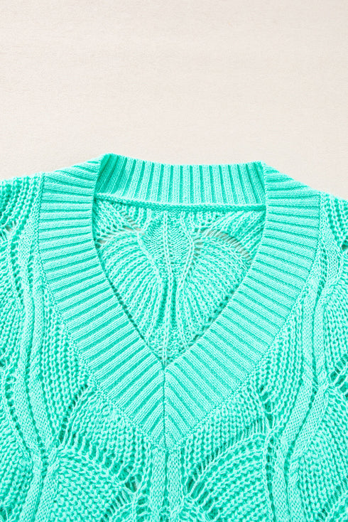 Textured Geometric Open Knit V Neck Sweater