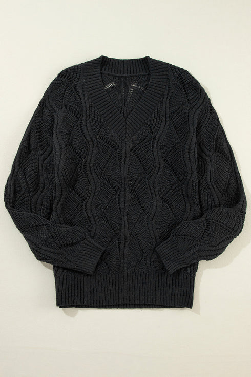 Textured Geometric Open Knit V Neck Sweater