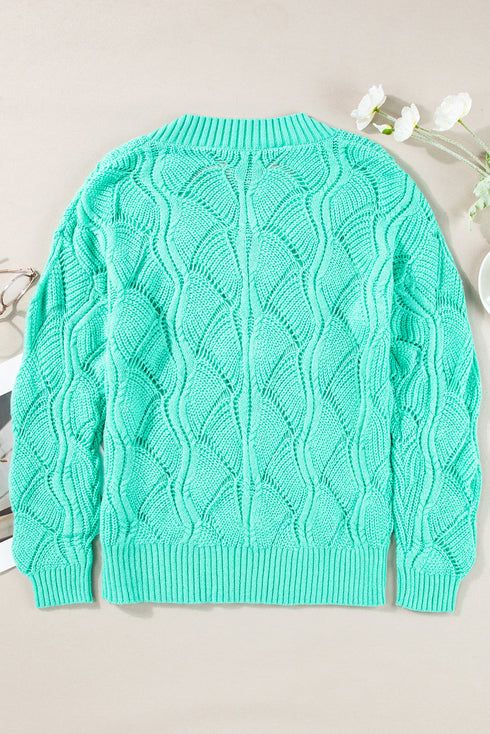 Textured Geometric Open Knit V Neck Sweater