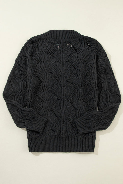 Textured Geometric Open Knit V Neck Sweater