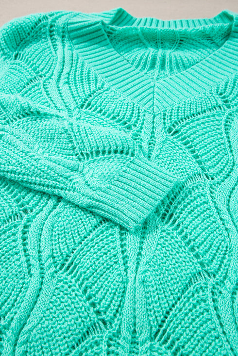Textured Geometric Open Knit V Neck Sweater