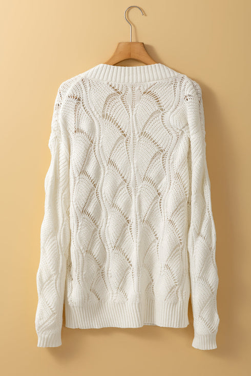 Textured Geometric Open Knit V Neck Sweater