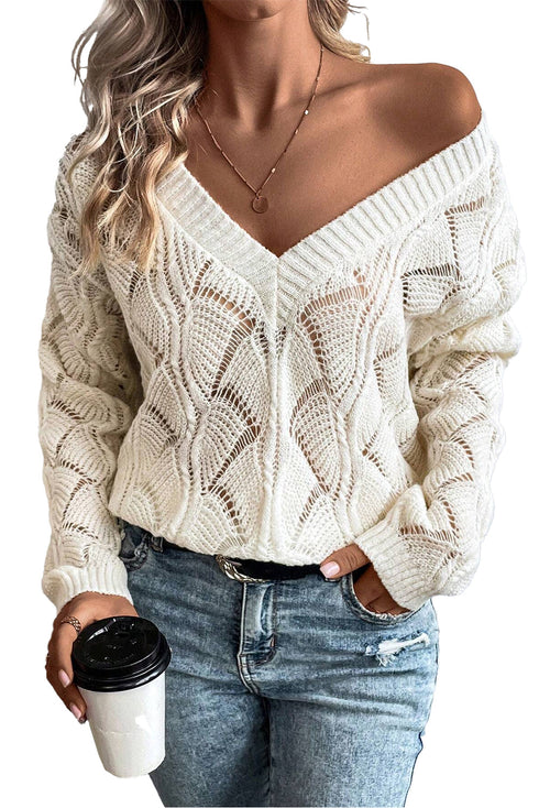 Textured Geometric Open Knit V Neck Sweater