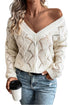 Textured Geometric Open Knit V Neck Sweater